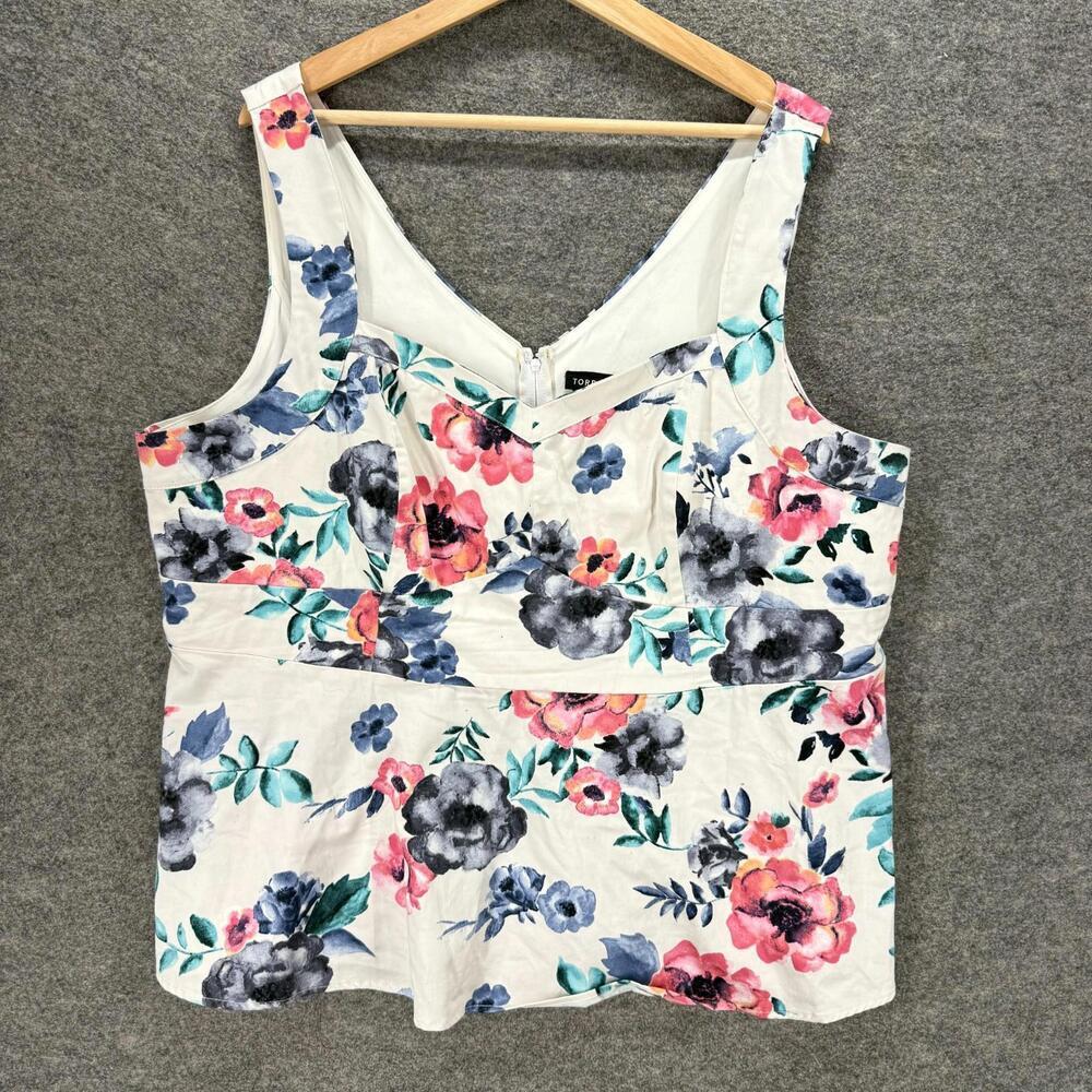Torrid Blouse Women 3 White Floral V-Neck Sleeveless Wide Strap Zipper Lined